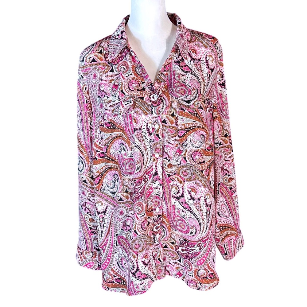 Talbots Button Down Women XL Pink Paisley Long Sleeve Blouse PH5558